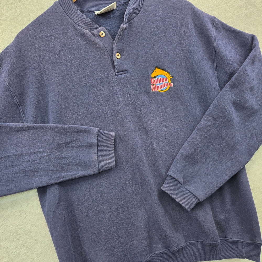 90s VINTAGE Golden Meadow LEE EMBROIDERED Henley Sweatshirt Mens M Navy Blue